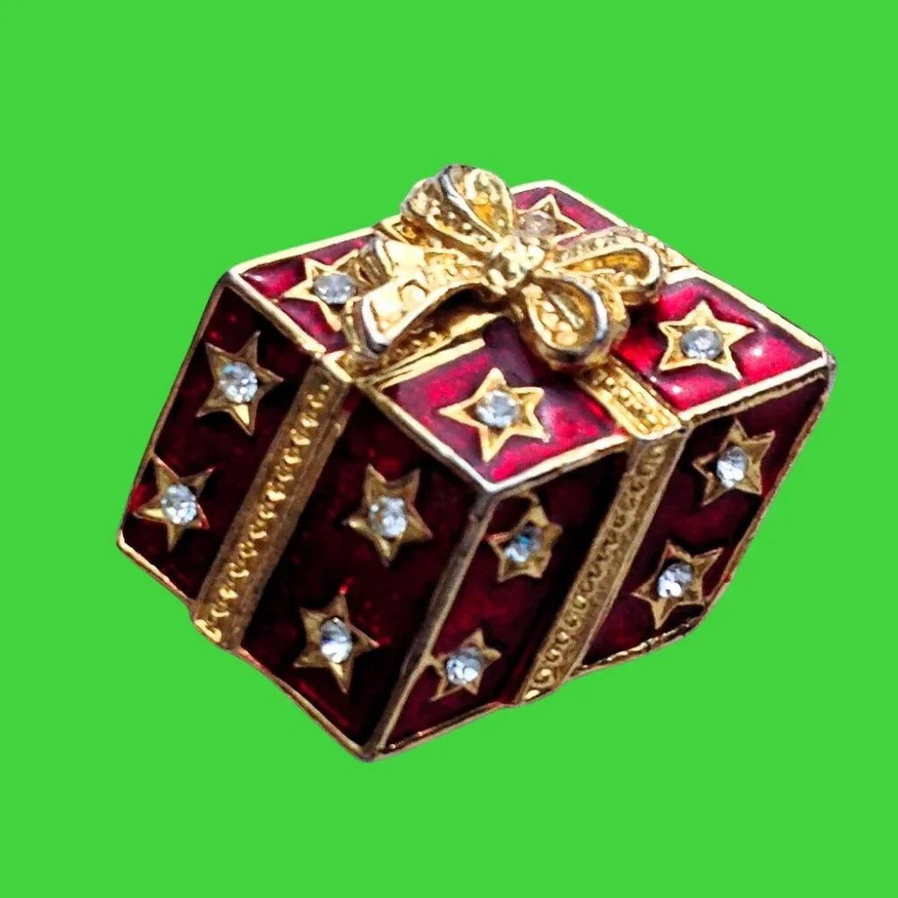 Christmas Brooch 3-D Red Enamel Wrapped Gold Bow Ribbon Crystal Star Gift Box